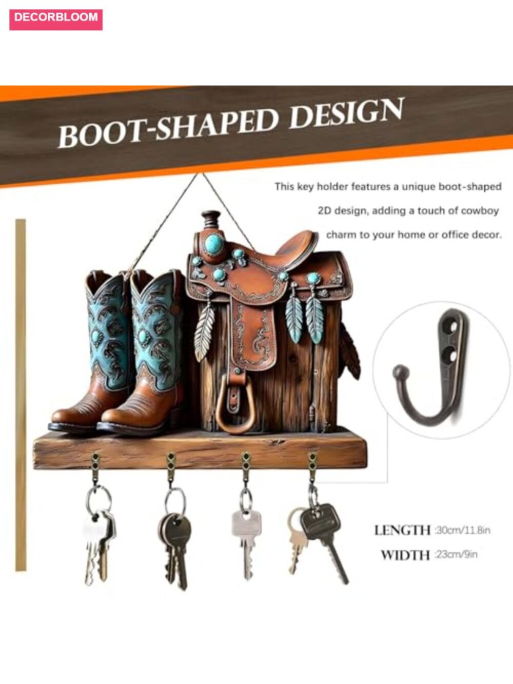 Boot-Shaped Wooden Key Holder with 4 Hooks - Wall Mount Entryway Organizer - Picture 4 of 6